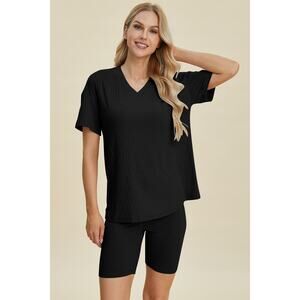 BASIC BAE Black Ribbed V-Neck Short Sleeve Top Shorts Set NEW Misses